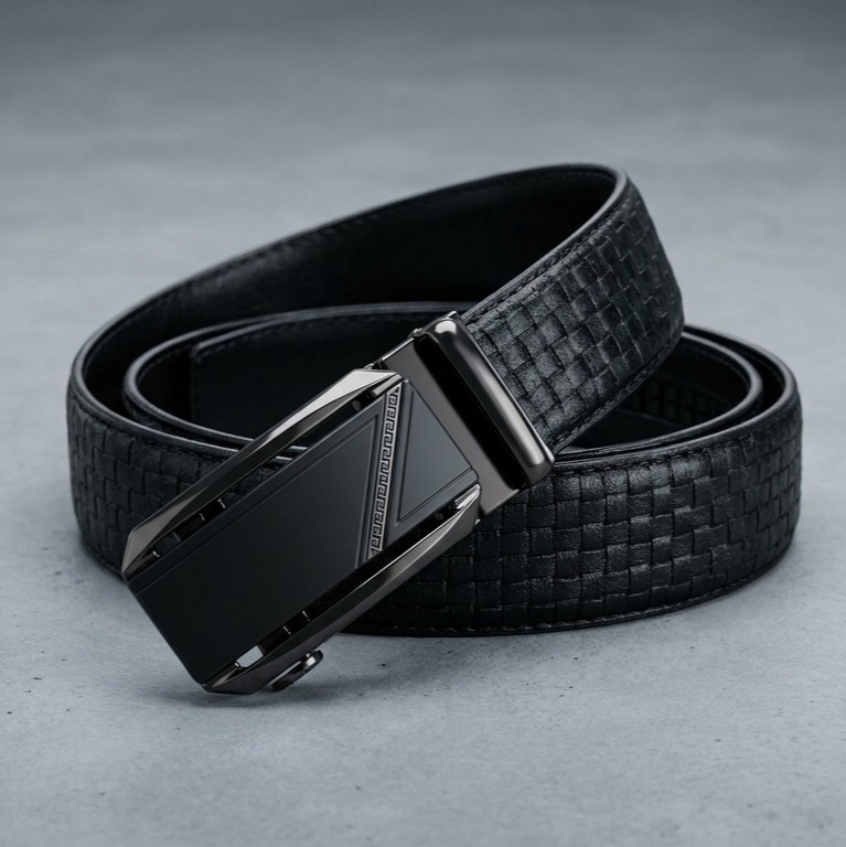 Black Belt Executive Weave Genuine Cow Leather Ratchet Belt for Men